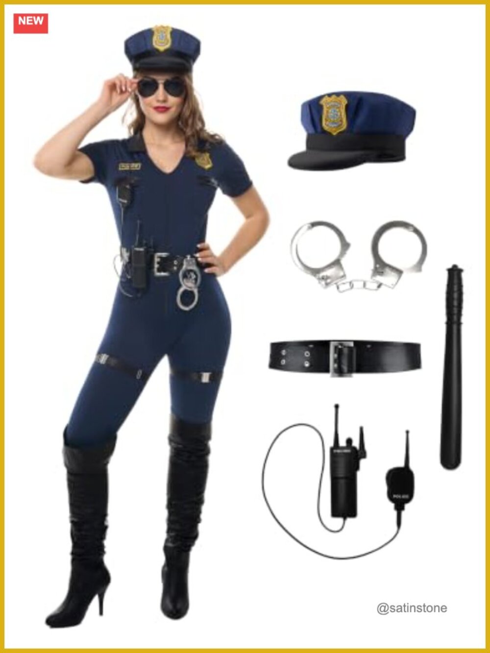 7 Pc Women's Police Officer Costume Set Halloween Jumpsuit Hat Baton Cuffs Belt